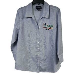 Las Olas Blouse‎ Shirt Top XS Blue White Striped Embroidered Teacher Button Up